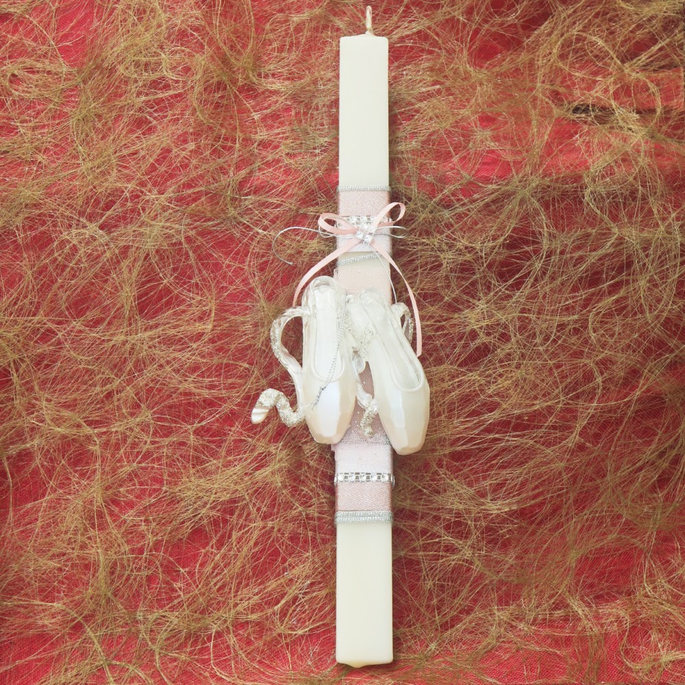 Λαμπάδα πλακέ Ιβουάρ με ροζ πουέντ Παπούτσια