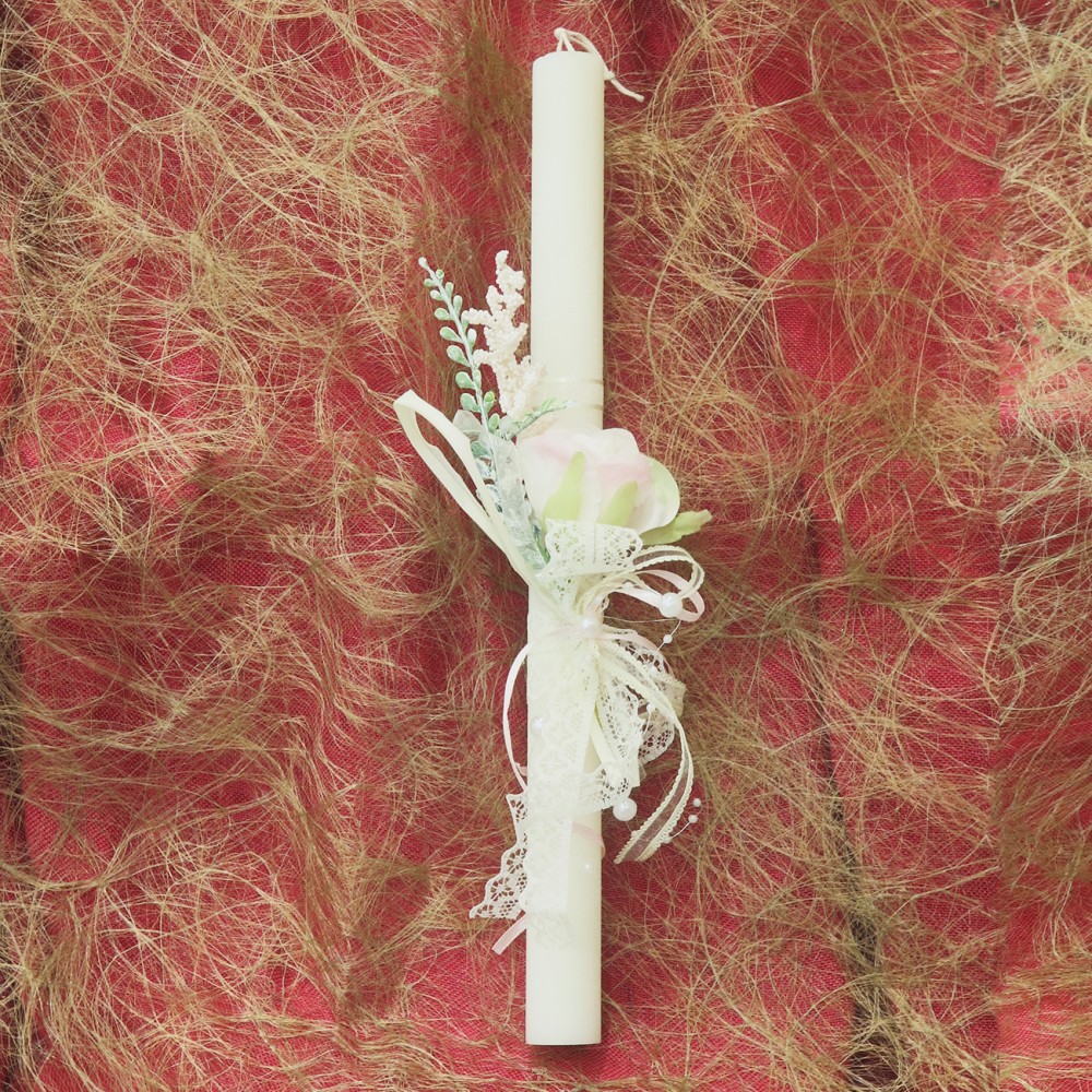 Λαμπάδα Λευκή με Λευκά Λουλούδια και Πέρλες