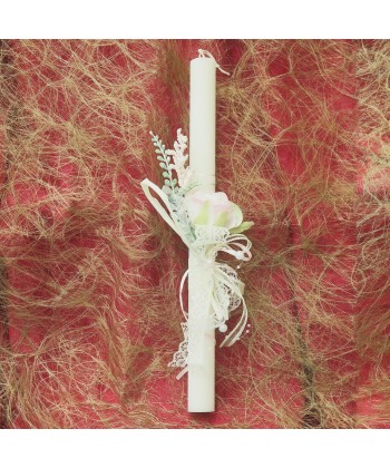 Λαμπάδα Λευκή με Λευκά Λουλούδια και Πέρλες