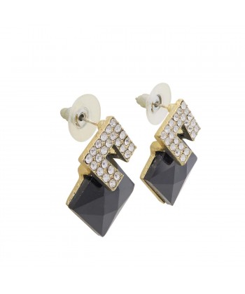 Γυναικεία Σκουλαρίκια Από Ατσάλι σε Χρυσό Χρώμα Με Πέτρες Ζιργκόν και Μαύρη Πέτρα