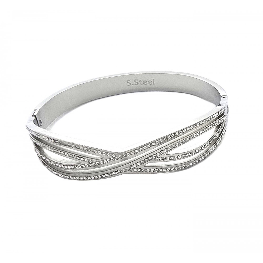 Γυναικείο Βραχιόλι - Χειροπέδα από Ατσάλι σε Ασημί Χρώμα με πέτρες ζιρκον 
