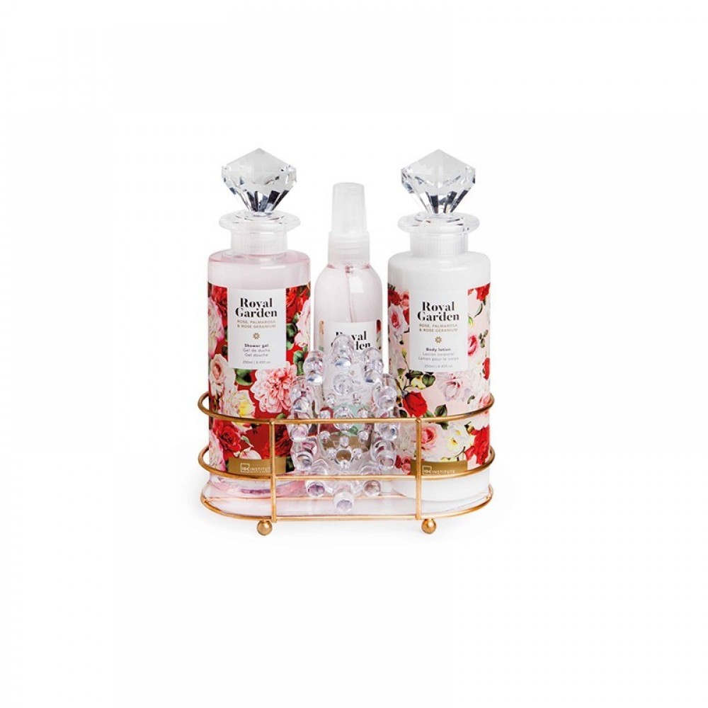 IDC Institute Gift Set "Royal Garden Tray Rose Palmarosa & Rose Geranium" - Shower gel, Body Lotion, Body Mist, Massager